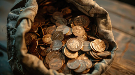 Bag filled with coins, symbolizing wealth and financial success.の素材