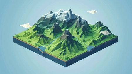 Isometric 3D landscape with layered mountains and plateaus, leaving a central area for textの素材