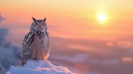 Owl sitting on the snow-covered summit of a mountain, with the backdrop of a breathtaking sunrise illuminating the horizon.の素材
