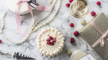 Luxuriate in style: Birthday flat lay with champagne, an exquisite cake, pearls, and an invitation, creating an elegant scene on white marble.の素材