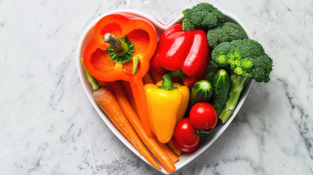 Colorful vegetables in a heart-shaped bowl, showcasing carrots, bell peppers, and broccoli, placed on a light marble surface.の素材