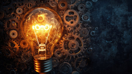Glowing light bulb and cogwheel gears illustration, set against a dark background, symbolizing intelligence and creativity.の素材