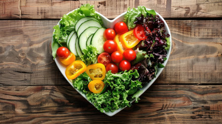 Fresh mixed salad in a heart-shaped bowl, featuring lettuce, cherry tomatoes, cucumbers, and bell peppers, on a wooden tableの素材