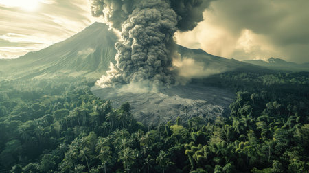 Erupting volcano with a massive ash cloud, set against a lush green forest background.の素材