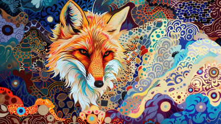 Fox silhouette fused with imaginative, surreal patterns and strikingly bright colors, creating a mesmerizing abstract pieceの素材