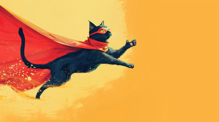 Cat-cape crusader in action! A joyful black cat dressed as a superhero with a red cloak and mask, leaping and flying with gusto on a light yellow background.の素材