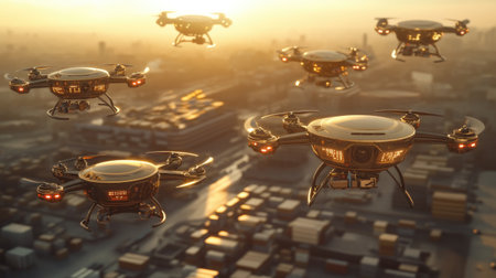 A fleet of drones hovering near a distribution center, emphasizing the role of aerial logistics in rapid delivery.の素材