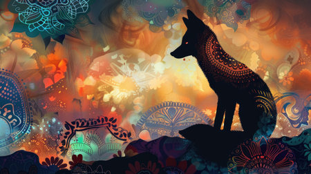 Silhouette of a fox melding with fantastical patterns and radiant colors, creating a visually striking abstract composition.の素材