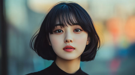 A confident Korean woman with a short bob hairstyle looking directly at the camera. Empowerment, strong woman, portrait.の素材