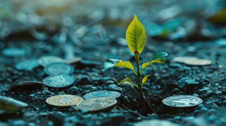 A vibrant sapling emerging from a coin on the ground, amidst other coins, symbolizing future growth and prosperity.の素材