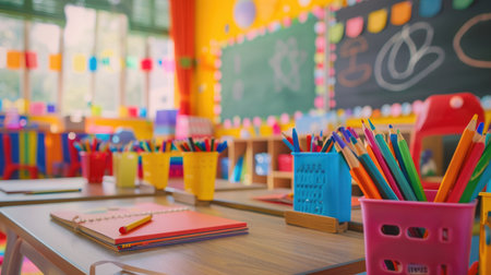 A classroom filled with colorful school supplies and an empty chalkboard, ready for the first day of school.の素材