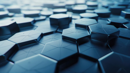 Futuristic 3D background with hexagonal and polygonal patterns, leaving room for text at the bottom.の素材