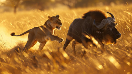 Dynamic shot of a lion in hot pursuit of a buffalo, running through the tall grasses of the sunlit savannah.の素材