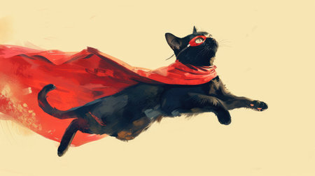 A smiling black cat, adorned with a red cloak and mask, soaring through the air like a superhero against a light yellow backdropの素材
