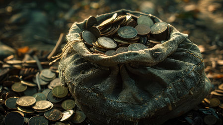 Bag filled to the brim with coins, a metaphor for financial abundance and prosperityの素材
