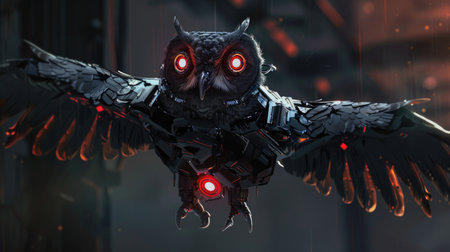 Battle-ready robot owl with retractable claws and night vision, set against a dark, futuristic backdrop.の素材