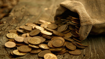 Plenty of coins spilling out from a coin bag, illustrating financial success and wealth.の素材
