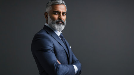 A confident Indian businessman with a gray beard wearing a suit. Career, corporate, professional.の素材