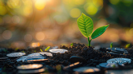 A green sapling growing from a coin on the ground, among other coins, representing the idea of investment and growth.の素材