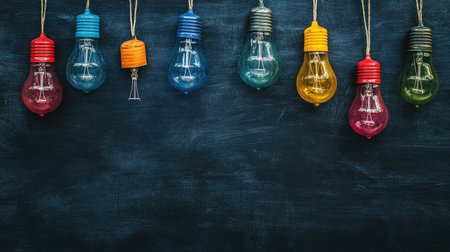 A blackboard with light bulbs of different colors hanging above, symbolizing creative thinking, with room for copy.の素材