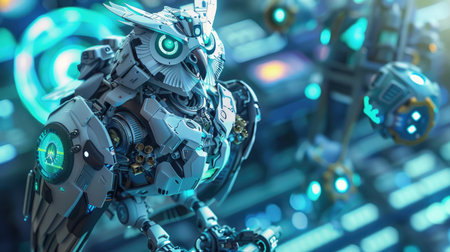 High-tech robot owl with combat armor and weaponry, standing on a digital battlefield with holographic displaysの素材