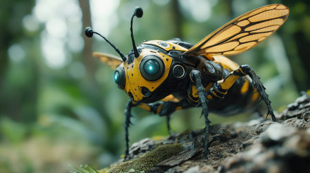 A spy drone disguised as an insect, blending into the environment. Technology, surveillance, camouflage.の素材