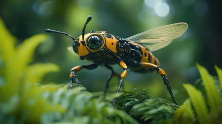 A spy drone disguised as an insect, blending into the environment. Technology, surveillance, camouflage.の素材