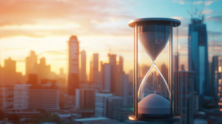 A sand timer and a cityscape representing time management in business. Productivity, deadlines, efficiency.の素材