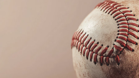 Close-up of a baseball on a plain background, providing space for copy, ideal for sports-themed banners.の素材