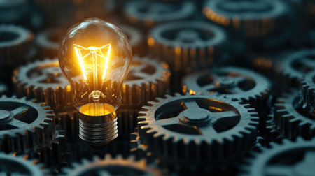 Light bulb glowing brightly amidst cogwheel gears, representing innovation and mechanical intelligence, with ample copy space.の素材