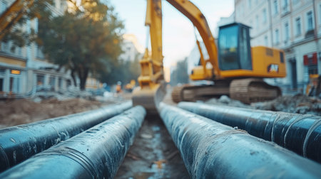 Focused view of water pipes at a construction site, with a yellow excavator in the blurred background, street setting.の素材