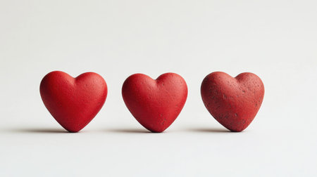 Three red heart-shaped stones with a matte finish, placed on a matte white background, creating a simple yet striking visualの素材