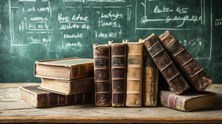Pile of aged books on a rustic wooden table, with a chalkboard and math formulas in the background, space for copy.の素材