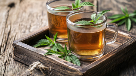 Herbal tea garnished with cannabis leaves, displayed on a rustic wooden tray, perfect for a relaxing, natural beverage setting.の素材