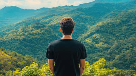 Man wearing a plain black t-shirt, back view, standing before a picturesque mountain forest with vibrant green foliage.の素材