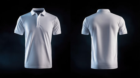 Plain white Polo Jersey displayed in front and back views, contrasted with a smoky black background.の素材