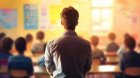Warm and welcoming teacher standing in front of a blurred classroom, full of attentive students, focused on education.の素材