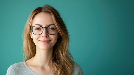 Portrait of an attractive woman, smiling warmly at the camera, three-quarters view, plain color background.の素材