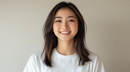 Portrait of a smiling 20-year-old Japanese woman in a t-shirt, radiating happiness, with a plain background highlighting her natural beauty.の素材