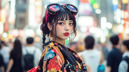 Young Japanese woman wearing fashionable, unique clothing, strolling through Shibuya, the heart of Tokyo vibrant street culture.の素材