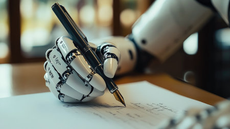 robot arm holding a pen, writing thoughtful answers on paper, symbolizing AI's role in assisting with tasks.の素材