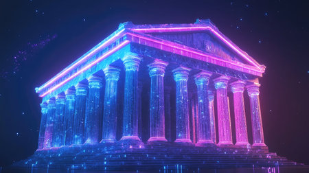 A digital reconstruction of the Parthenon, reimagined in a futuristic style with neon blue and pink hues, glowing against a dark backdrop.の素材
