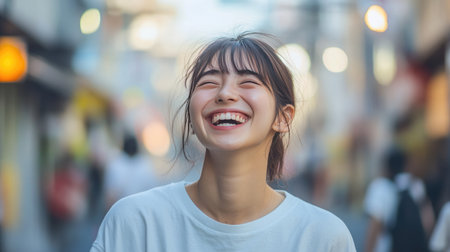 Japanese woman in her 20s, casually dressed in a t-shirt, smiling brightly, capturing a moment of pure joy.の素材