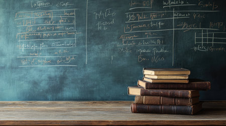 Wooden table with a stack of old books, chalkboard filled with math formulas in the background, ample space for textの素材