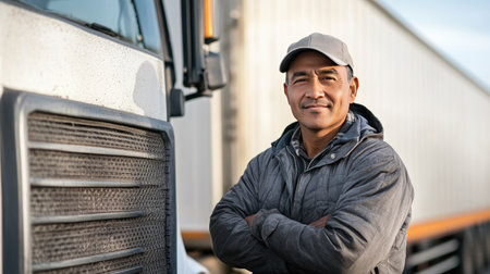 A dedicated truck driver standing proudly beside his cargo truck, embodying the backbone of the supply chain and efficient delivery.の素材