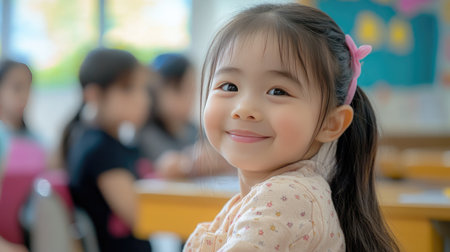 Joyful 8-year-old Asian girl sitting in a classroom, her bright smile showcasing her love for learningの素材
