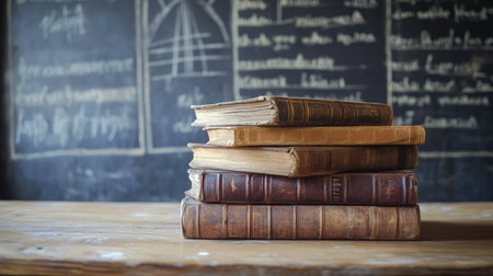 Wooden table with a stack of old books, chalkboard filled with math formulas in the background, ample space for textの素材