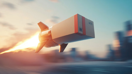 A missile carrying a parcel box, visualizing the leap from slow progress to fast results in delivery services.の素材