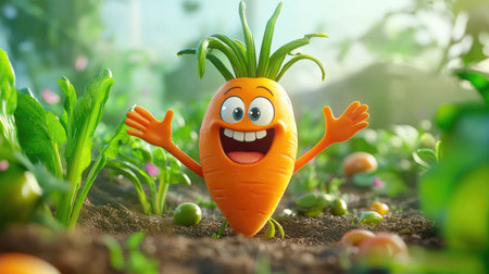 A cheerful and excited cartoon vegetable, full of personality and energy, spreading happiness in a fun, vibrant scene.の素材