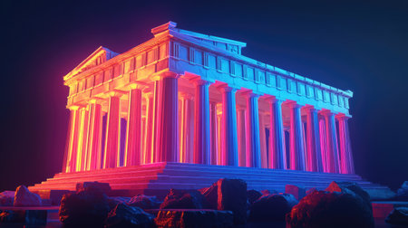 A digital reconstruction of the Parthenon, reimagined in a futuristic style with neon blue and pink hues, glowing against a dark backdrop.の素材